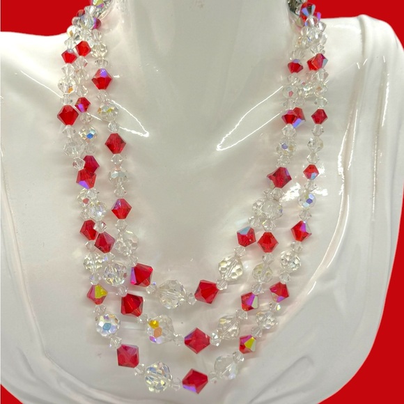 Vintage 3 Strand Ruby Red & Clear Aurora Borealis Crystal Necklace - Picture 1 of 7